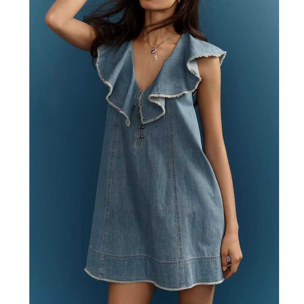 Anthropologie Pilcro V-Neck Ruffle Denim Sailor Mini Dress M